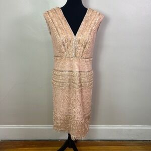 Tadashi Shoji Sterne Pink Lace Sequin Fringe V-Neck Sheath Cocktail Dress Size 8